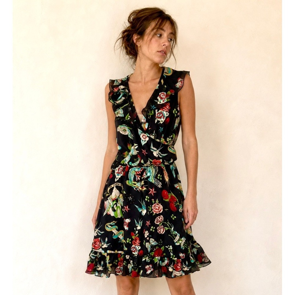 Vintage Moschino Jeans Black Silk 2000s Size M 6 Tattoo Print Ruffle Midi Dress